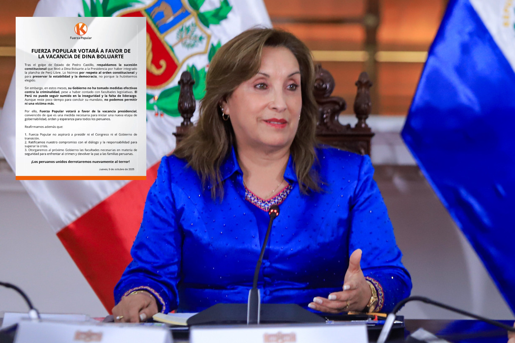 Fuerza Popular votará a favor de vacancia contra Dina Boluarte